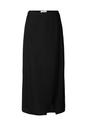 Jupe midi noire avec devant style portefeuille et fermeture éclair latérale, confectionnée dans un tissu léger avec une texture subtile.