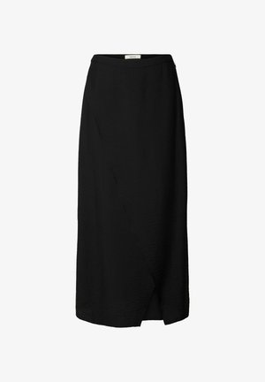 Jupe midi noire avec devant style portefeuille et fermeture éclair latérale, confectionnée dans un tissu léger avec une texture subtile.