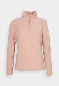 Ljusrosa fleecehalsduk med hög krage, halvdragkedja fram och långa ärmar. Har en logotyp på vänster bröstområde. Mjuk textur.