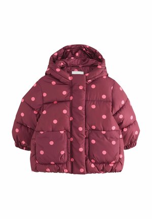 Giacca imbottita bordeaux per bambini con cappuccio e pois rosa, tasche frontali, polsini elasticizzati e cerniera coperta da una patta.