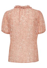 Floral blouse in soft pink fabric, featuring short puff sleeves and a ruffled neckline. The design includes small white and beige flowers.