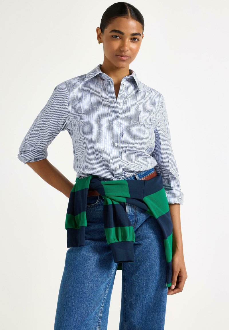 Stribet skjorte i blå og hvid med opuldet ærmer. Grøn og marineblå stribet sweater bundet om livet. Blå denim wide-leg jeans.