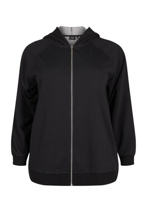 Veste à zip noire avec une doublure intérieure grise, dotée d'une capuche, de manches longues, de poignets élastiques et d'une texture lisse. Design simple, sans motifs.