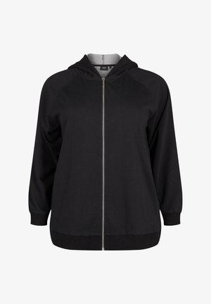 Sort zip-up hoodie med grå indvendig foring, der har hætte, lange ærmer, elastiske manchetter og en glat tekstur. Enkelt design, uden mønstre.