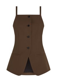 Brown sleeveless vest with thin straps, four black buttons down the front, and two horizontal welt pockets near the hips.