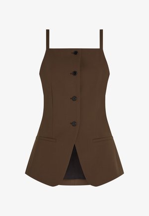 Brun permanent vest uten ermer med tynne stropper, fire svarte knapper foran og to horisontale lommer nær hoftene.