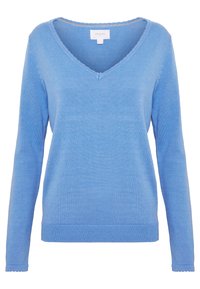 Hellblauer Strickpullover mit V-Ausschnitt, langen Ärmeln und gewelltem Saum. Weiche Textur mit tailliertem Design für einen bequemen Sitz.