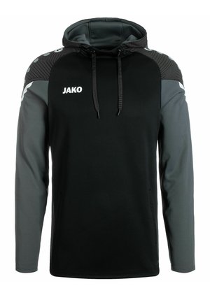 Hoodie noir avec manches grises, doté d'une capuche à cordon et du logo JAKO. Accents texturés aux épaules et poches latérales. Tissu lisse.