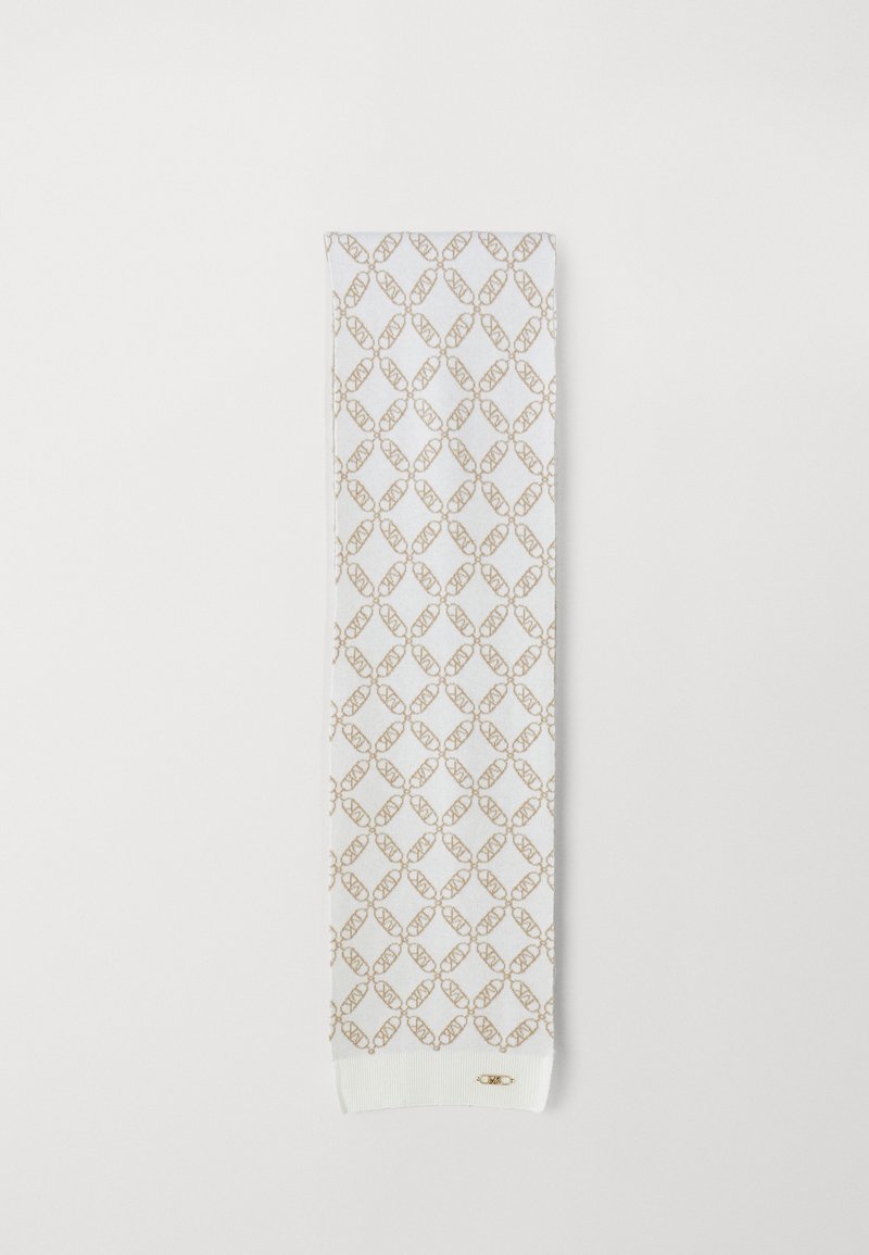 Mönstrad scarf i vitt och guld, med en geometrisk design och texturerade detaljer. Avslutad med en enfärgad kant och logotypdetalj.