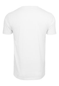 White cotton t-shirt with short sleeves, round neckline, simple design, no patterns or accents, smooth texture. Back view shown.