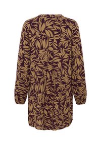 Blouse à manches longues en tissu violet avec un motif de feuilles beiges, poignets froncés et coupe décontractée avec un dos droit.