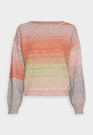 Pull tricot multicolore avec un design dégradé passant d'orange à vert clair, doté de manches longues et d'un grand col.