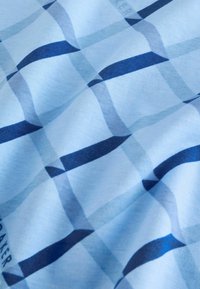 Tissu bleu clair avec un motif à carreaux composé de rayures diagonales superposées bleu foncé et bleu clair, montrant des plis doux et une texture.