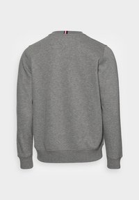 Felpa grigia con colletto rotondo, maniche lunghe, polsini a costine e un piccolo dettaglio a righe sul colletto. Realizzata in tessuto morbido e textures.