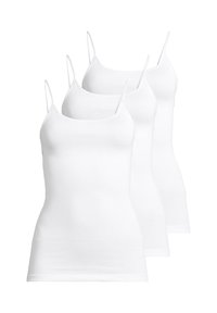 Tre canotte bianche senza maniche con spalline sottili, materiale di cotone liscio, design aderente e orlo dritto.
