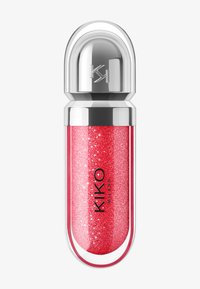 Glänzender silberner Tube mit KIKO Milano glitzerndem rotem Lipgloss, klarem Außengehäuse und vertikal gedrucktem Markennamen.