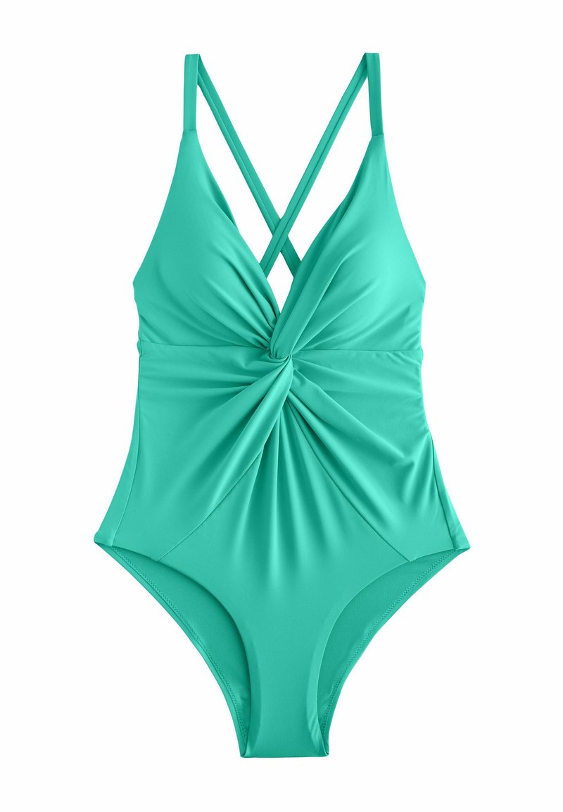 Turquoise badpak met kruislings gespen, knoopdetail bij de taille en een strakke, gladde stof. Klassieke snit met een aansluitend ontwerp.
