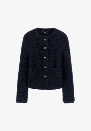 Marineblaue strukturierte Wollmischungjacke mit langen Ärmeln, runder Halslinie, silbernen Knöpfen und zwei Vordertaschen.