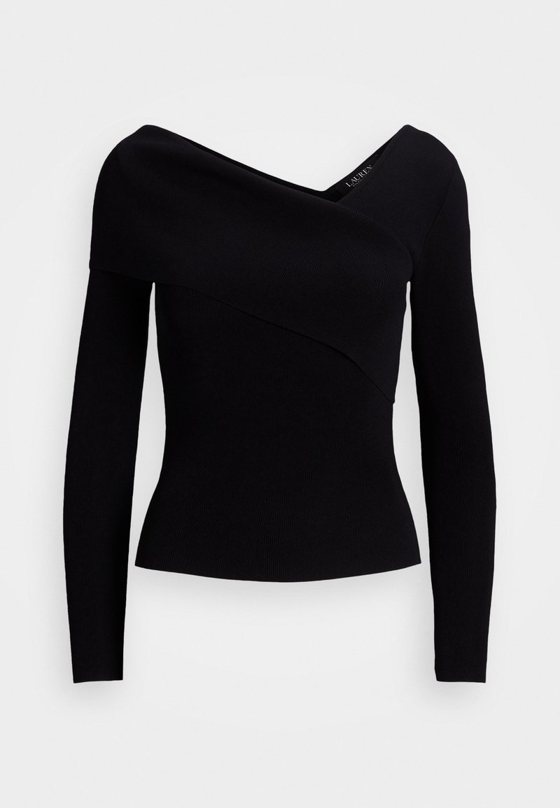 Haut en maille côtelée noire avec encolure asymétrique décolletée et manches longues ajustées, taille cintrée pour une coupe slim.