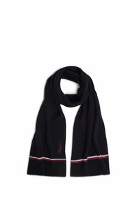 Sciarpa nera lavorata a maglia con strisce rosse, bianche e grigie all'orlo. Texture morbida con un design semplice e lungo. Branding sottile in rosso.