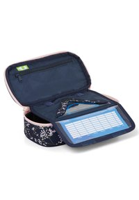 Navy floral-patterned wallet with pink trim. Features zip pocket, multiple card slots, and a transparent card holder interior.