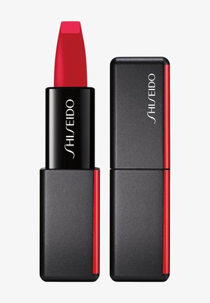 Bright red lipstick with a black and red rectangular case, shown open and closed, branded Shiseido on both parts.