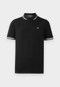 Black polo shirt made of cotton with a two-button placket, white and gray striped collar and sleeve cuffs, and a small logo patch on the chest.