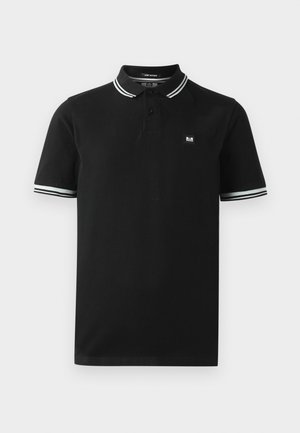 Black polo shirt made of cotton with a two-button placket, white and gray striped collar and sleeve cuffs, and a small logo patch on the chest.