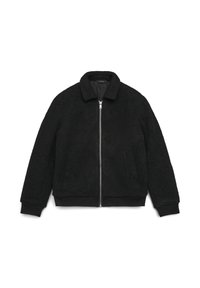 Schwarze Fleecejacke mit Reißverschluss, gerippten Bündchen und Saum sowie einem Kragen. Strukturierter Stoff sorgt für Wärme und Komfort. Keine sichtbaren Logos.