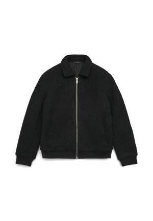 Schwarze Fleecejacke mit Reißverschluss, gerippten Bündchen und Saum sowie einem Kragen. Strukturierter Stoff sorgt für Wärme und Komfort. Keine sichtbaren Logos.