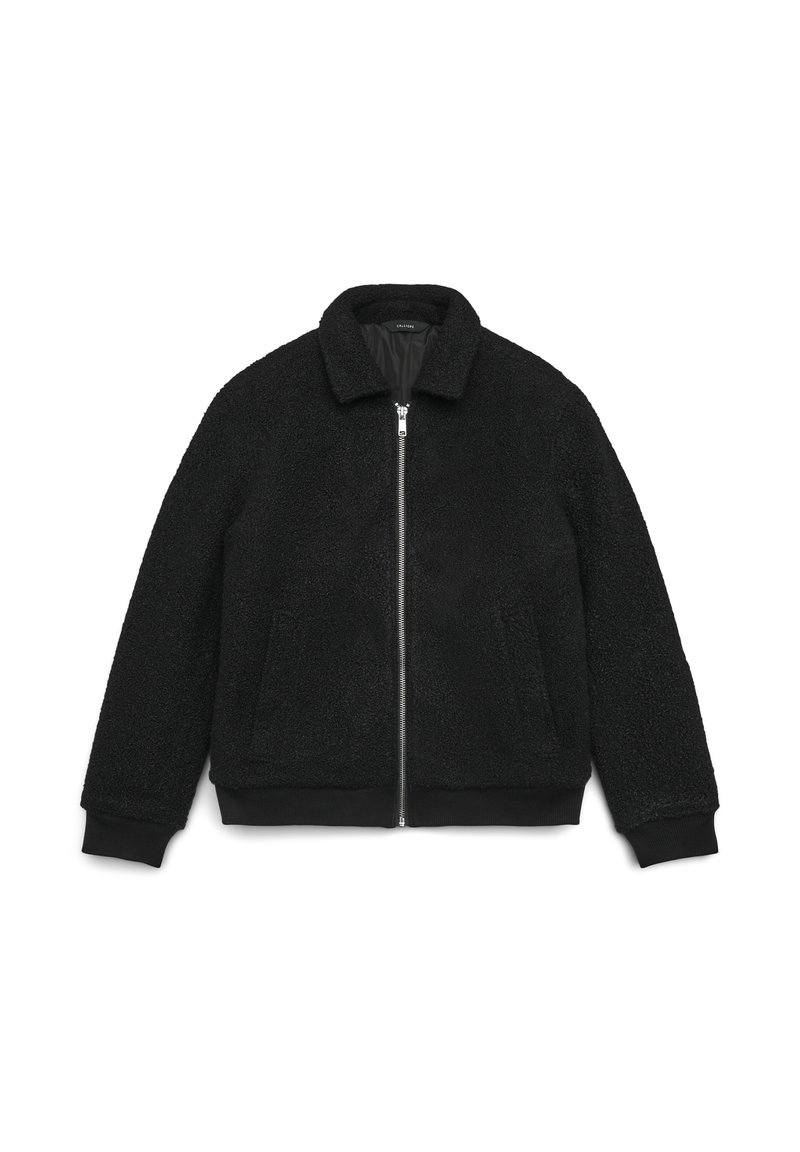 Schwarze Fleecejacke mit Reißverschluss, gerippten Bündchen und Saum sowie einem Kragen. Strukturierter Stoff sorgt für Wärme und Komfort. Keine sichtbaren Logos.