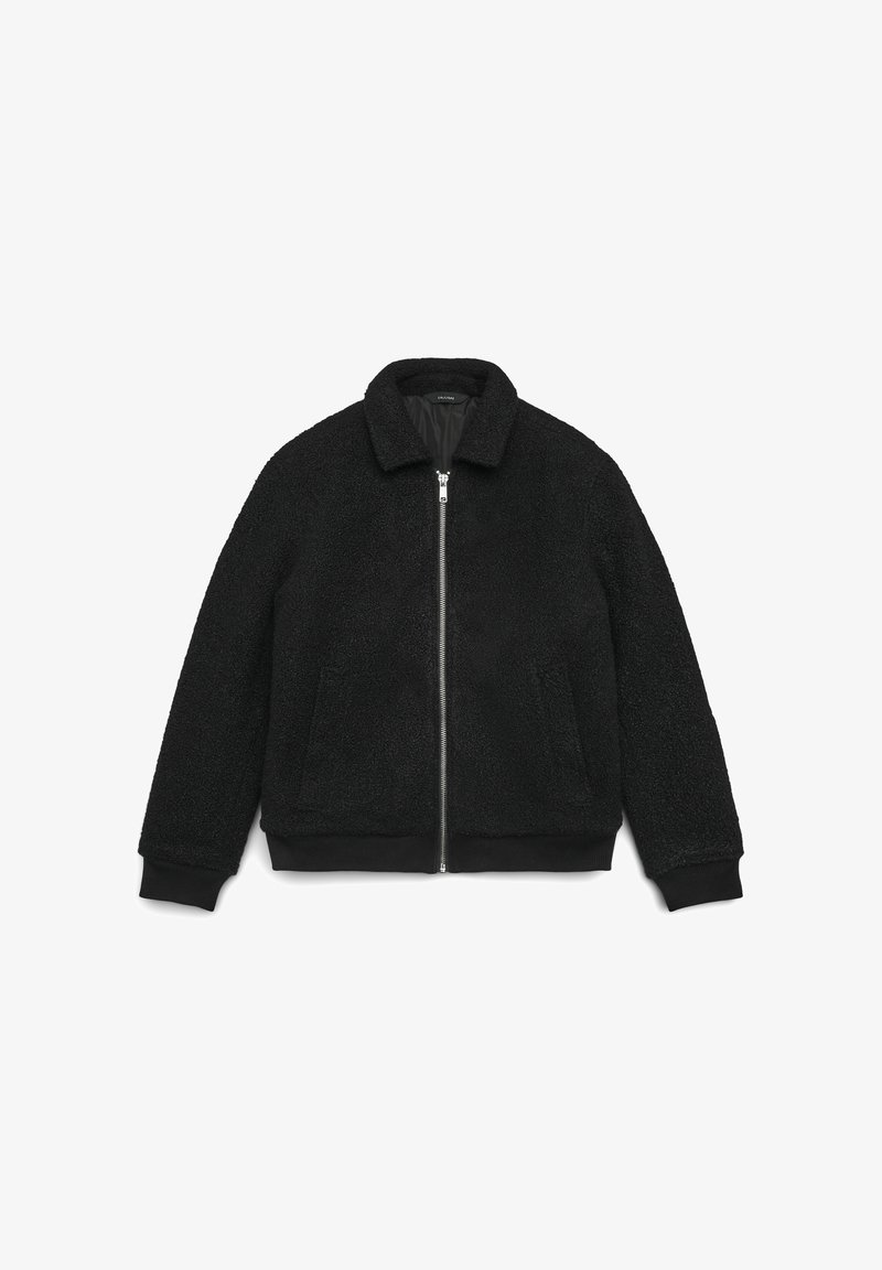 Schwarze Fleecejacke mit Reißverschluss, gerippten Bündchen und Saum sowie einem Kragen. Strukturierter Stoff sorgt für Wärme und Komfort. Keine sichtbaren Logos.