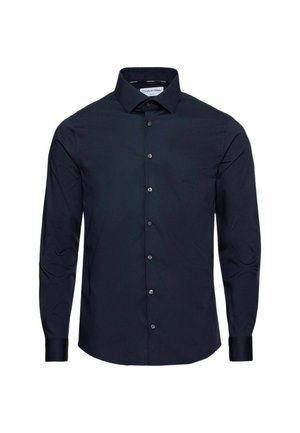 Camicia button-up da uomo di colore navy realizzata in cotone morbido, con collo classico, maniche lunghe e un logo discreto sul petto.