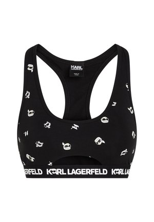 Zwarte sportbeha met witte Karl Lagerfeld ontwerpen, inclusief iconen en patronen. Voorzien van een brede logoband en racerback ontwerp. Gemaakt van een katoenmix.
