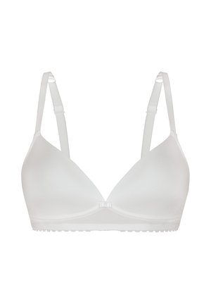 White, smooth fabric bra with adjustable straps and a small bow detail in the center front.