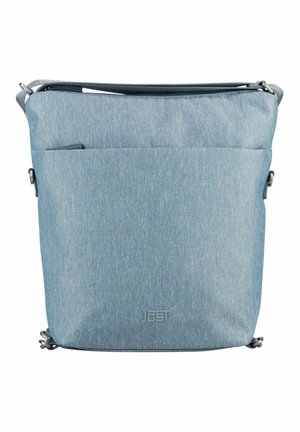 Sac bandoulière rectangulaire bleu clair avec poche avant, sangle réglable et logo discret au centre en bas.