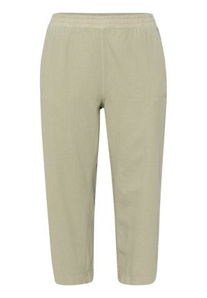 Light green, lightweight, cropped pants with an elastic waistband, straight leg design, and simple stitching details. Soft texture.