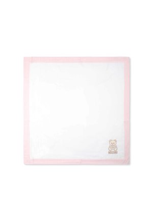 White placemat with a pink and white striped border. Features a teddy bear graphic and "Moschino" text in a soft brown color.