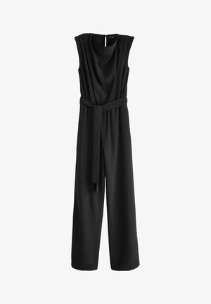 Black jumpsuit made of soft fabric, featuring a draped neckline, wide-leg design, and a self-tie belt at the waist. Keyhole back detail.