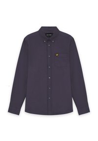 Marinblå långärmad skjorta med knäppbar krage, bröstficka och broderad gul logotyp. Har blåa knappar och en slät tygstruktur.