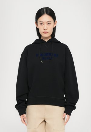 Black cotton hoodie featuring a front print "D-SQUARED2 MILANO" in dark blue, with drawstring hood and ribbed cuffs.