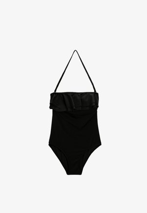 Sort ét del med rynket overkant, justerbare stropper og en glat tekstur. Klassisk design med en tætsiddende silhuet.