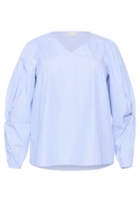 Lichtblauwe gestreepte blouse met een V-hals, lange puffmouwen en geplooide details bij de manchetten. Gemaakt van een soepele stof met een relaxte pasvorm.