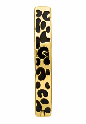 Goldener rechteckiger Haarclip mit schwarzem Leopardenmuster, zentriert auf weißem Hintergrund.
