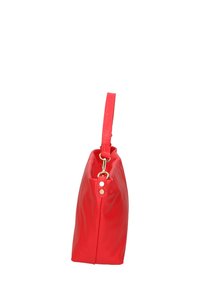Borsa in pelle rossa con una forma strutturata, manico singolo e dettagli metallici visibili. Texture liscia con una finitura lucida.