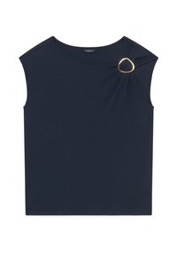 Navy blue short-sleeve top in soft fabric, featuring a draped design with a large gold ring accent at the shoulder.