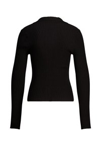 Black ribbed sweater featuring a fitted design, long sleeves, and a collar, with a textured finish on the material.