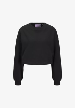 Felpa nera cropped con maniche lunghe, scollatura rotonda, polsini a coste e tessuto morbido. Design semplice senza motivi o accenti visibili.