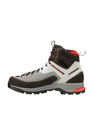 Scarponcino da trekking grigio, nero e rosso con supporto alto alla caviglia, suola robusta e design con lacci, ideale per attività all'aperto.
