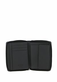 Portefeuille en cuir noir avec fermeture éclair. L'intérieur comprend plusieurs emplacements pour cartes, une finition lisse et texturée, ainsi qu'une impression de logo.